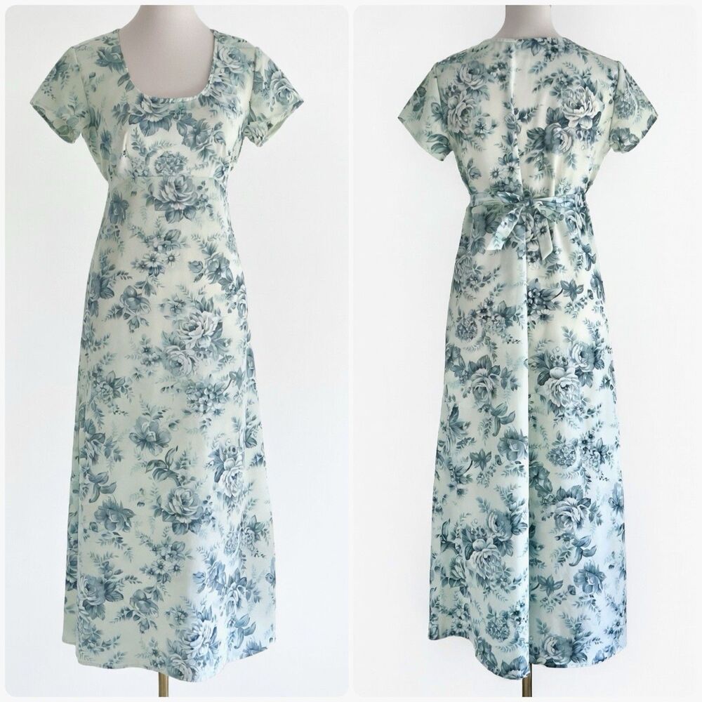 VTG All That Jazz Mint Floral Empire Waist Belted Maxi Dress Womens sz 8 Modest